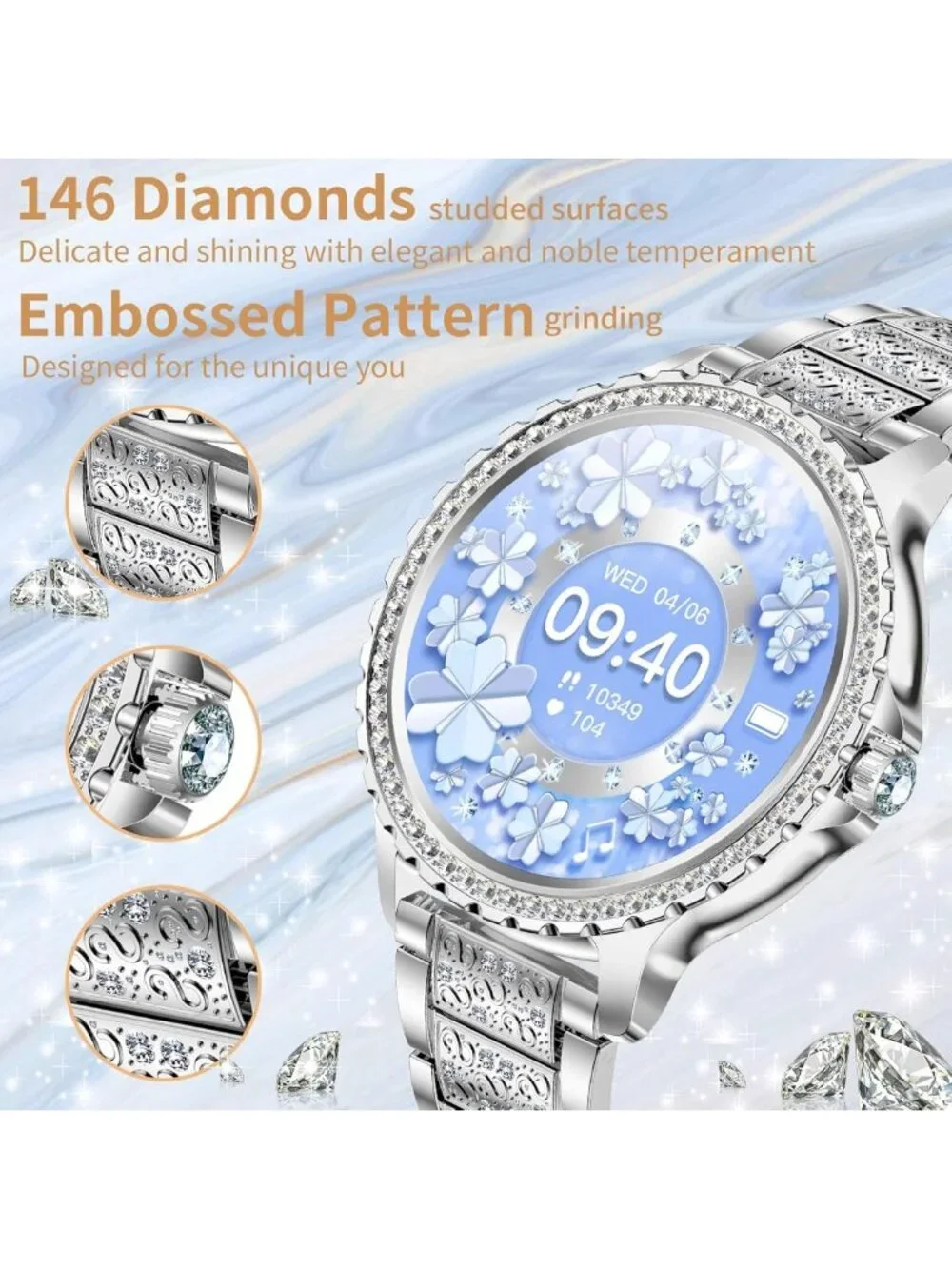 Stylish Diamond Smart Watch for Women, Full Screen Fitness Tracker, Heart Rate